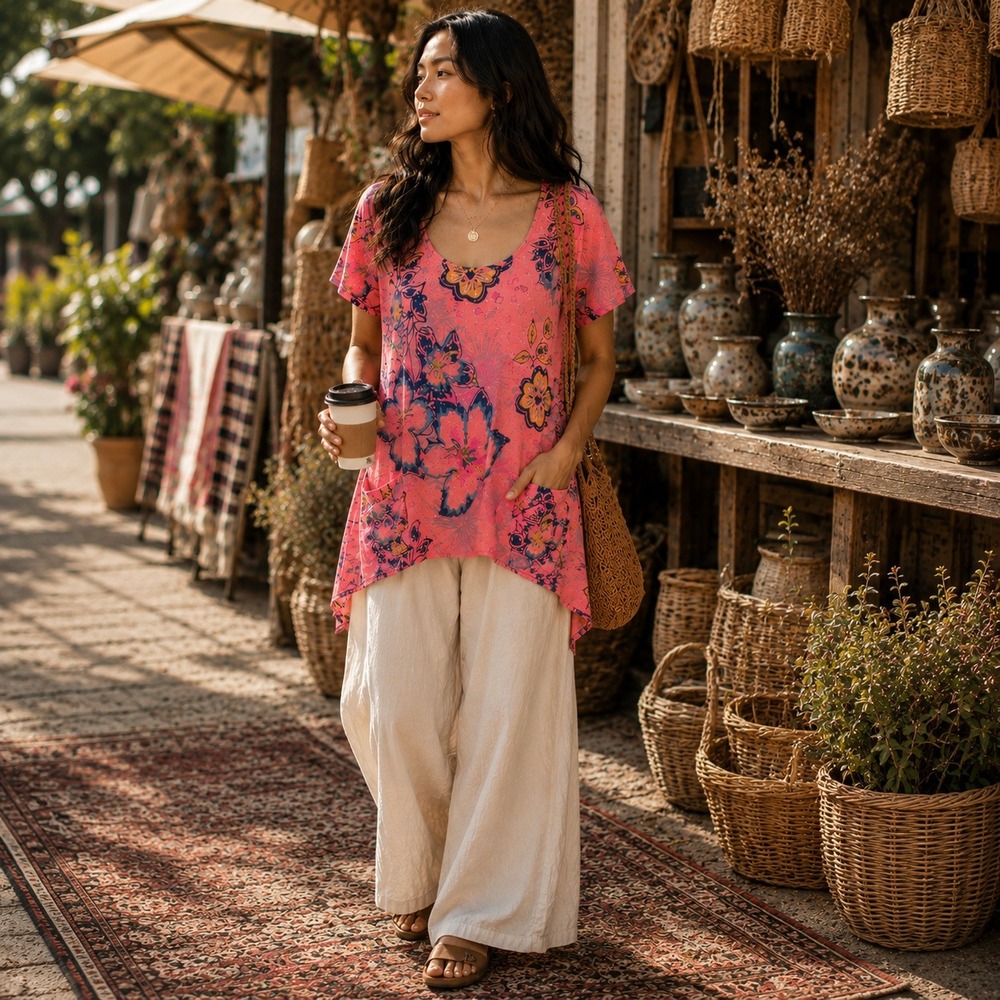 Fresh Produce 2X Pink Floral Tunic Top Cotton Short Sleeve Racerback Pockets